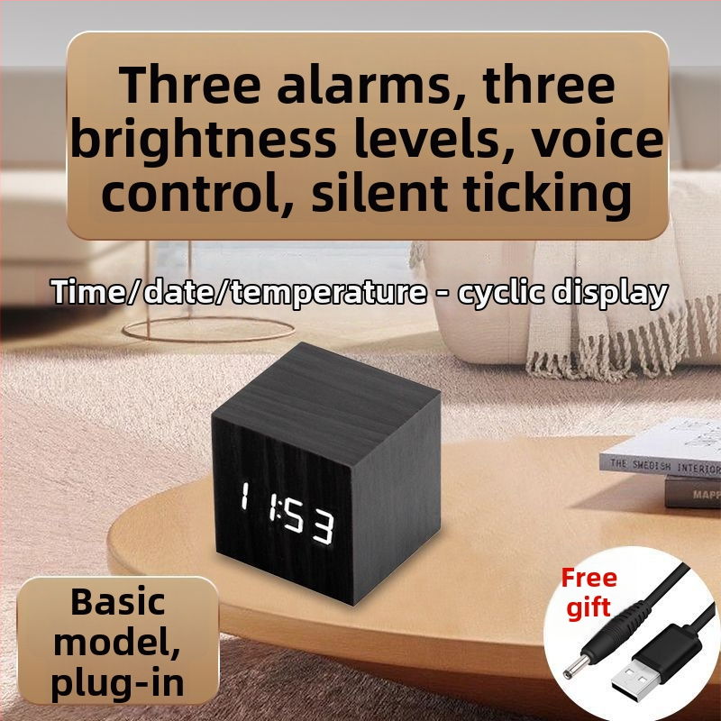 Drevené stolné hodiny s Bluetoothom, zobrazenie teploty, LED nočné svetlo s ovládaním hlasom, viacúčelové minimalistické stolné hodiny