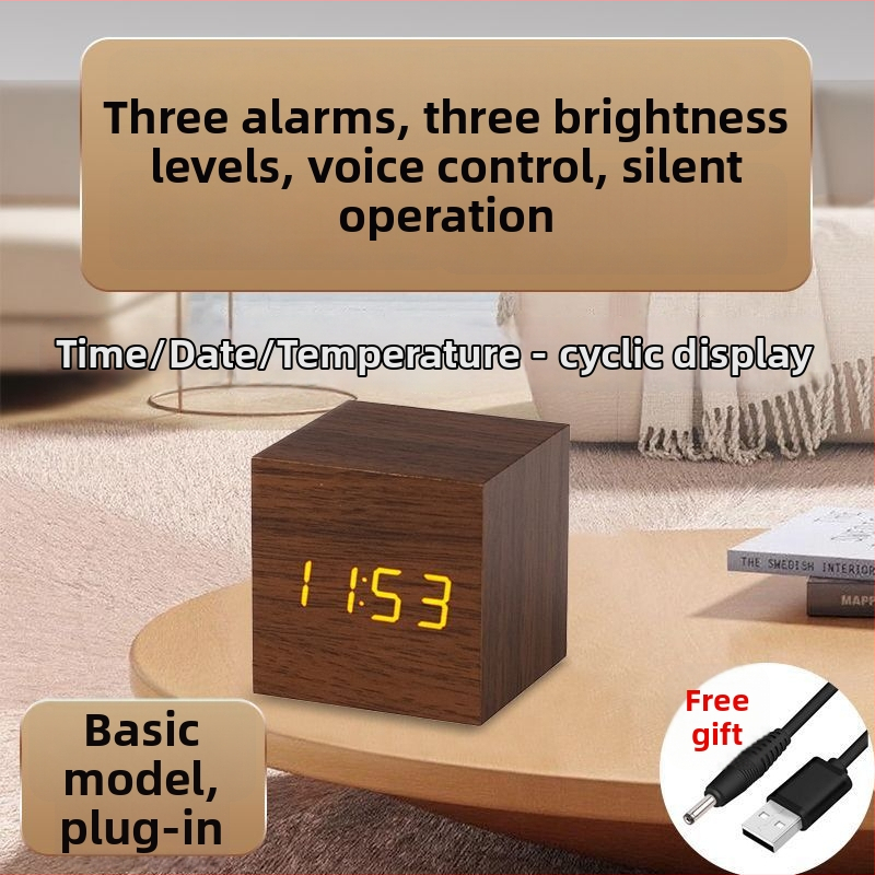 Drevené stolné hodiny s Bluetoothom, zobrazenie teploty, LED nočné svetlo s ovládaním hlasom, viacúčelové minimalistické stolné hodiny