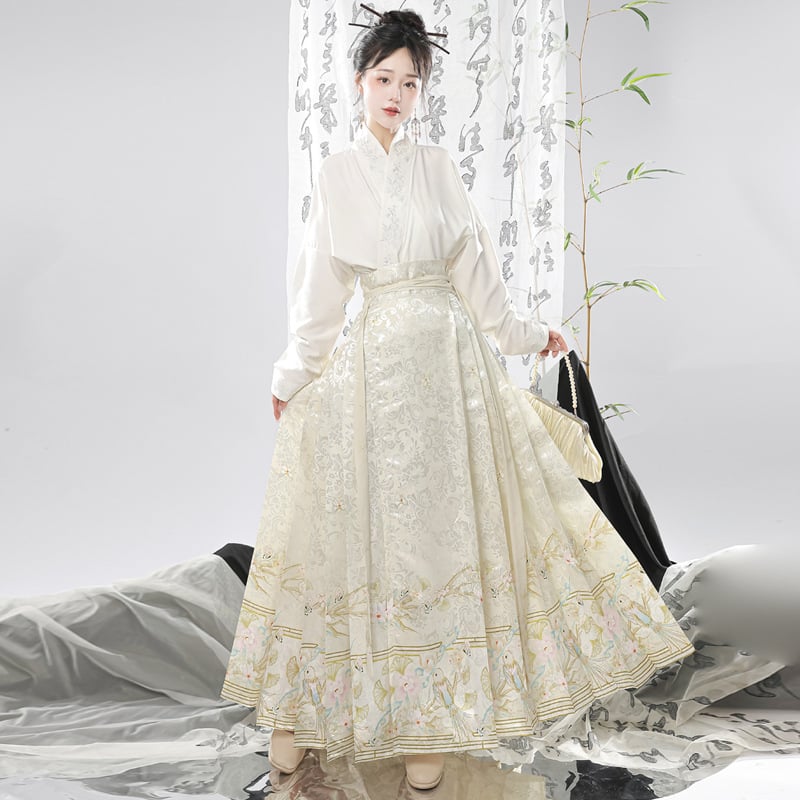 Ženski Hanfu set u Ming stilu, izvezena preklopna ovratnica, rukavi s krilima, nacionalni stil, suknja s panelom konjskog lica, svakodnevna putna odjeća