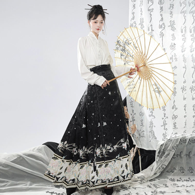 Ženski Hanfu set u Ming stilu, izvezena preklopna ovratnica, rukavi s krilima, nacionalni stil, suknja s panelom konjskog lica, svakodnevna putna odjeća