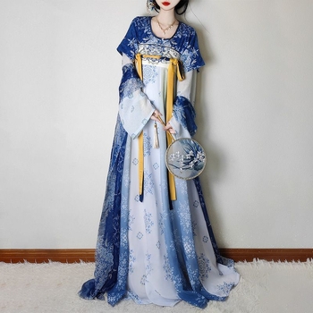 Weiyang Palace Hanfu haljina, porcelansko plava i bijela, stil Tang dinastije, duljina do struka, ljetni vitki kroj