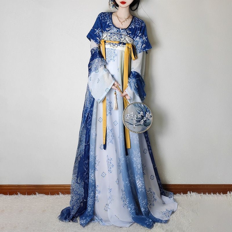 Weiyang Palace Hanfu haljina, porcelansko plava i bijela, stil Tang dinastije, duljina do struka, ljetni vitki kroj