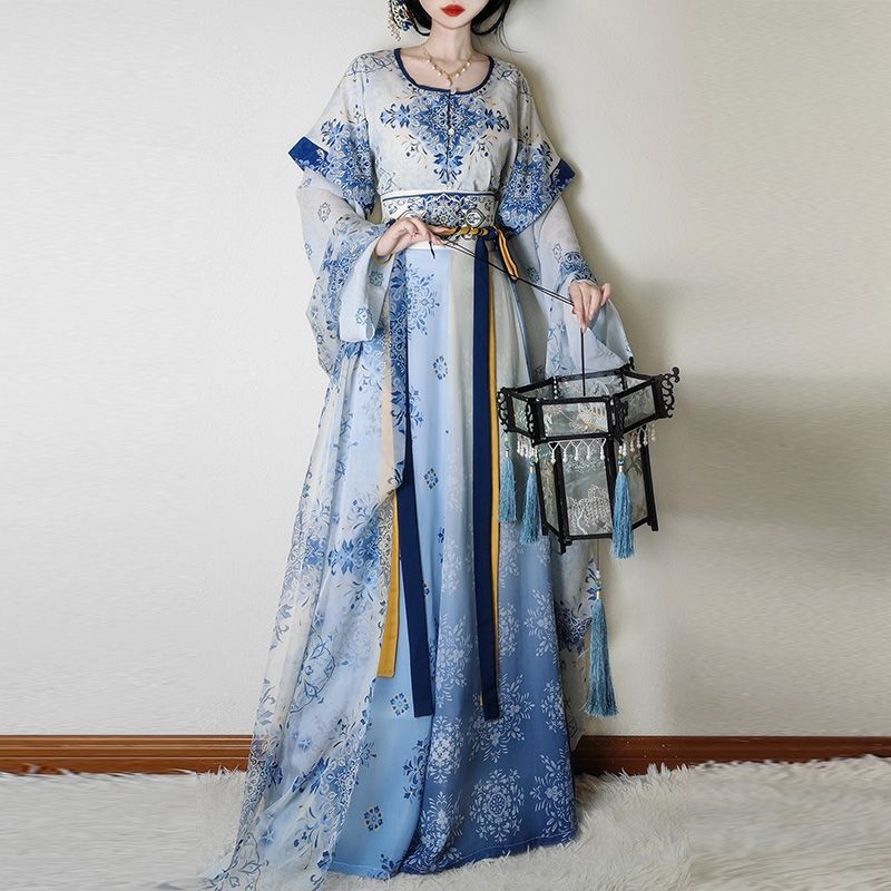 Weiyang Palace Hanfu haljina, porcelansko plava i bijela, stil Tang dinastije, duljina do struka, ljetni vitki kroj