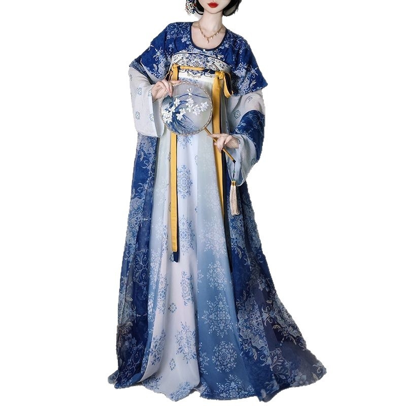 Weiyang Palace Hanfu haljina, porcelansko plava i bijela, stil Tang dinastije, duljina do struka, ljetni vitki kroj