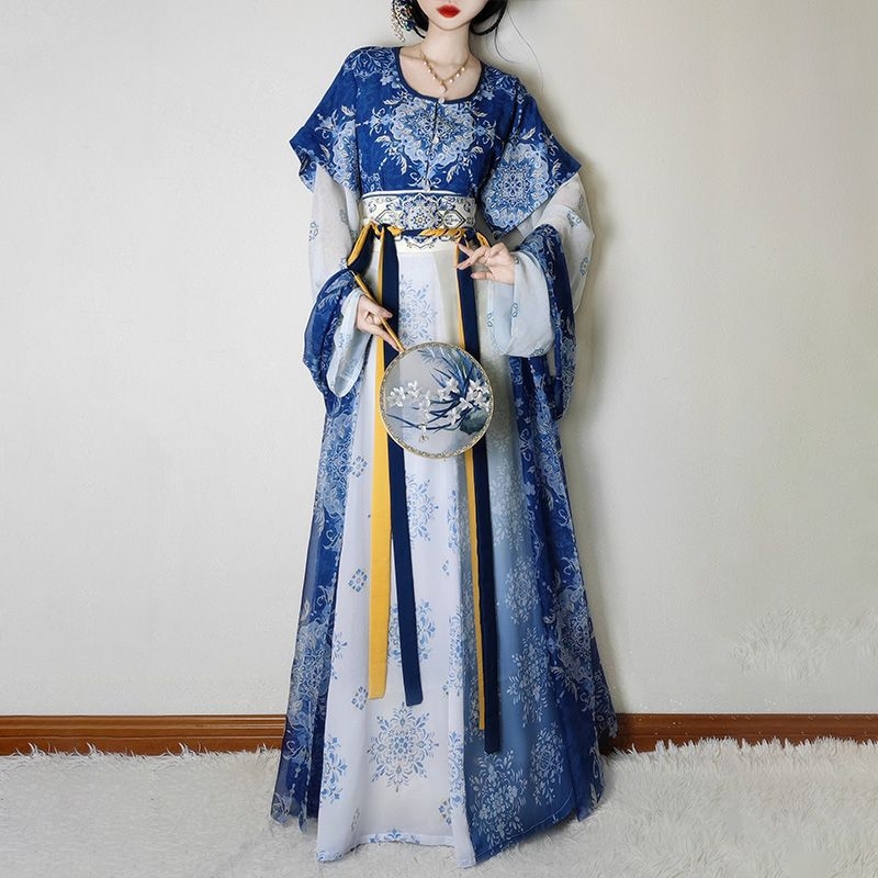 Weiyang Palace Hanfu haljina, porcelansko plava i bijela, stil Tang dinastije, duljina do struka, ljetni vitki kroj