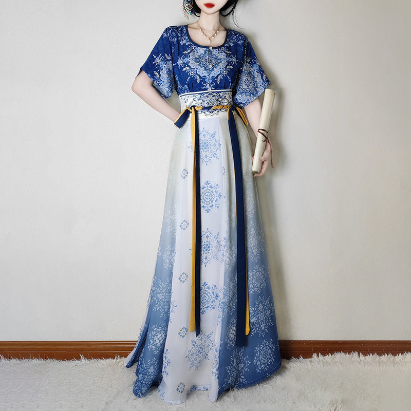 Weiyang Palace Hanfu haljina, porcelansko plava i bijela, stil Tang dinastije, duljina do struka, ljetni vitki kroj