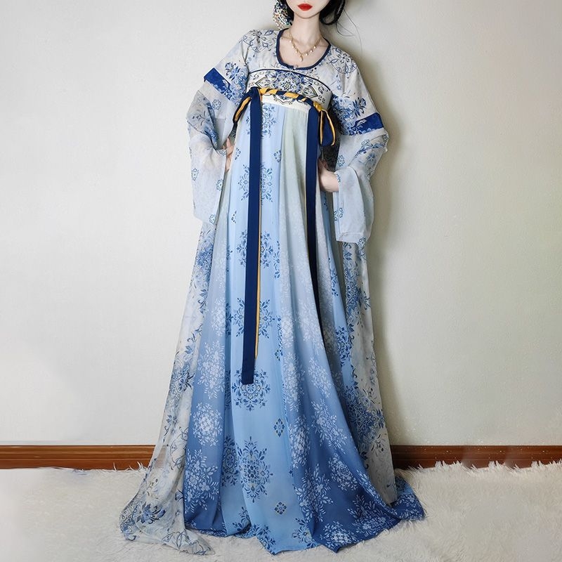 Weiyang Palace Hanfu haljina, porcelansko plava i bijela, stil Tang dinastije, duljina do struka, ljetni vitki kroj