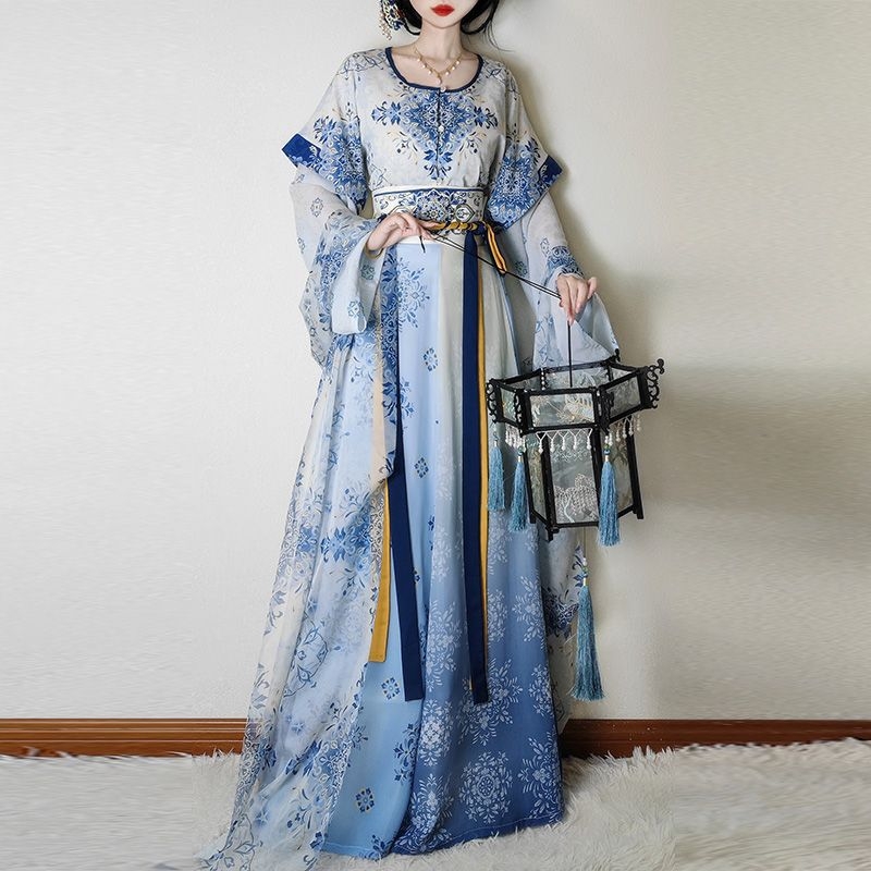 Weiyang Palace Hanfu haljina, porcelansko plava i bijela, stil Tang dinastije, duljina do struka, ljetni vitki kroj
