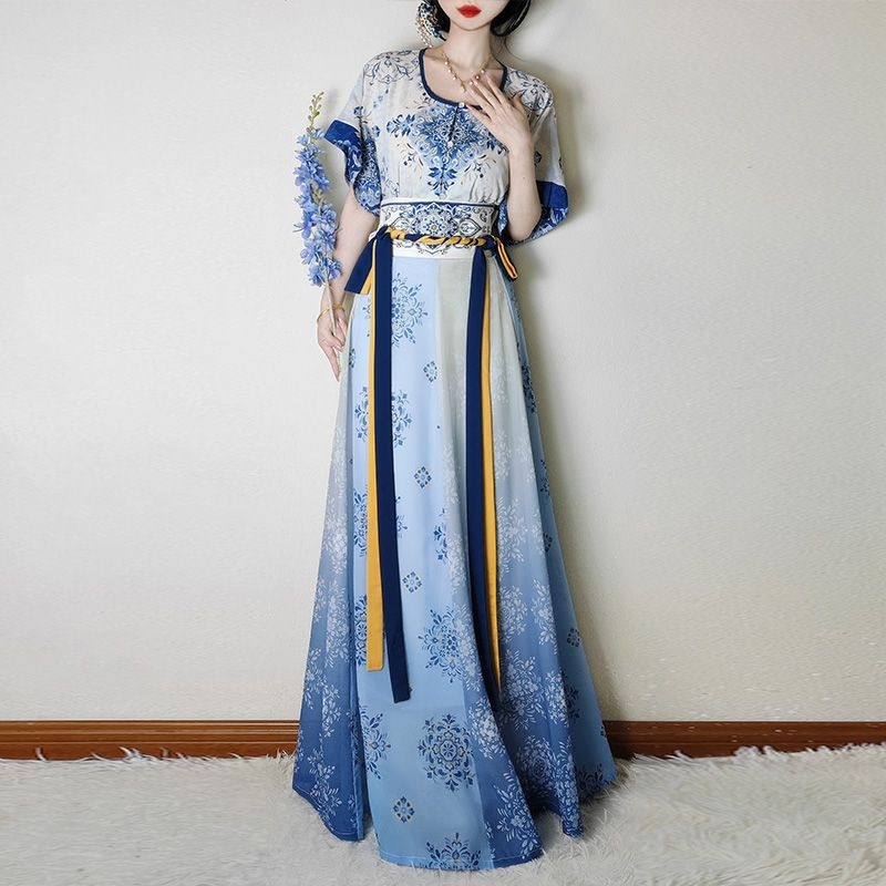 Weiyang Palace Hanfu haljina, porcelansko plava i bijela, stil Tang dinastije, duljina do struka, ljetni vitki kroj