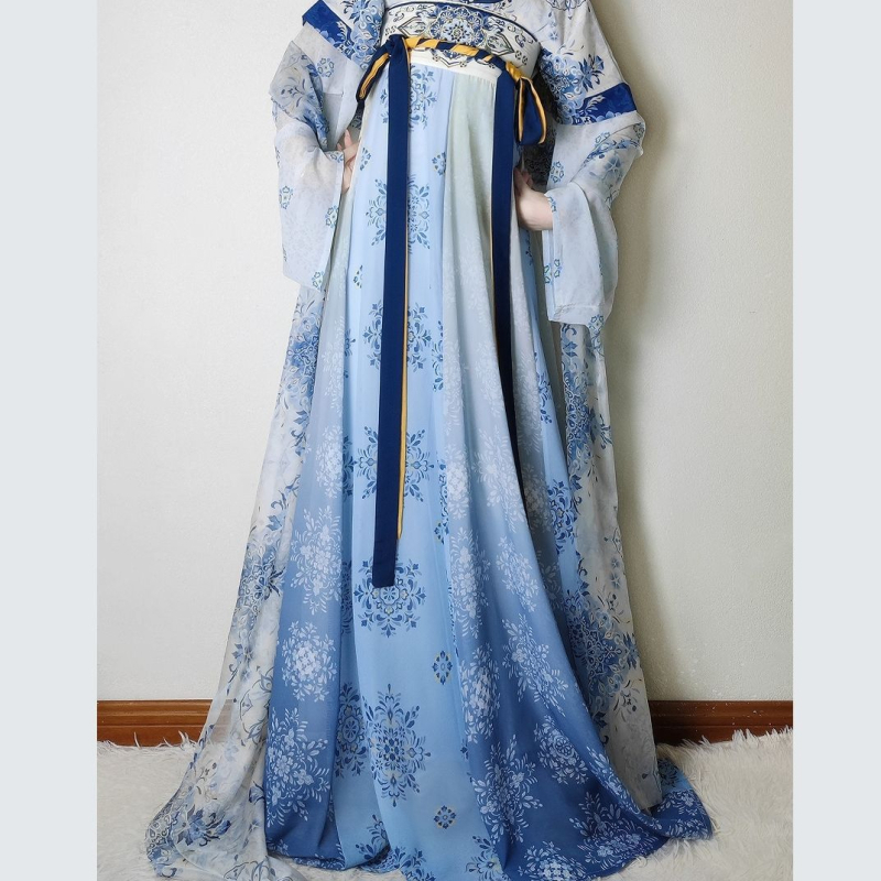 Weiyang Palace Hanfu haljina, porcelansko plava i bijela, stil Tang dinastije, duljina do struka, ljetni vitki kroj