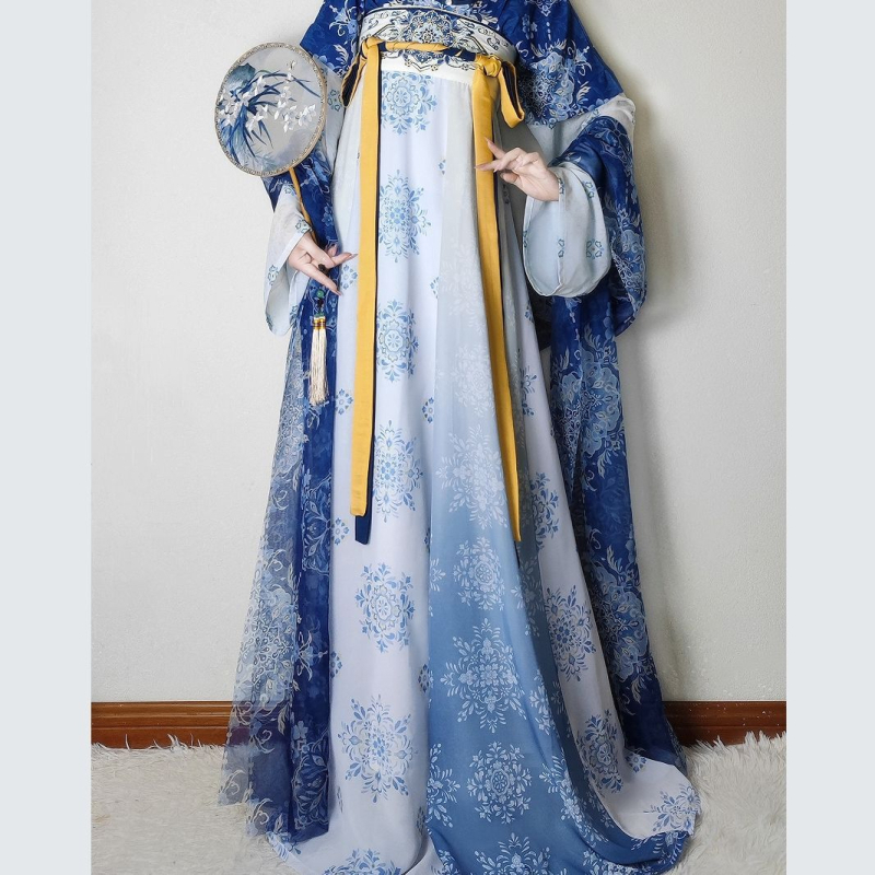 Weiyang Palace Hanfu haljina, porcelansko plava i bijela, stil Tang dinastije, duljina do struka, ljetni vitki kroj