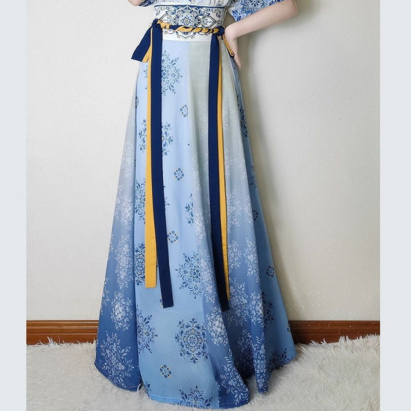 Weiyang Palace Hanfu haljina, porcelansko plava i bijela, stil Tang dinastije, duljina do struka, ljetni vitki kroj