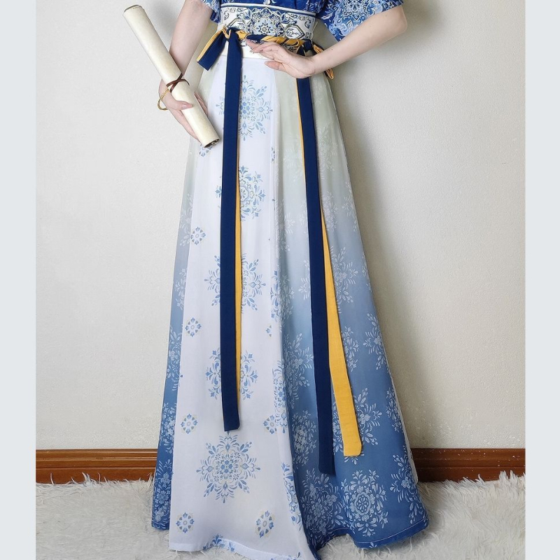 Weiyang Palace Hanfu haljina, porcelansko plava i bijela, stil Tang dinastije, duljina do struka, ljetni vitki kroj