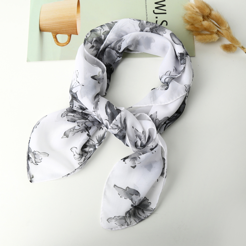 Női kis négyzet alakú nyomtatott sál kínai stílusban, sokoldalú fej- és nyakkendőként, 65×65 cm, poliészter chiffon