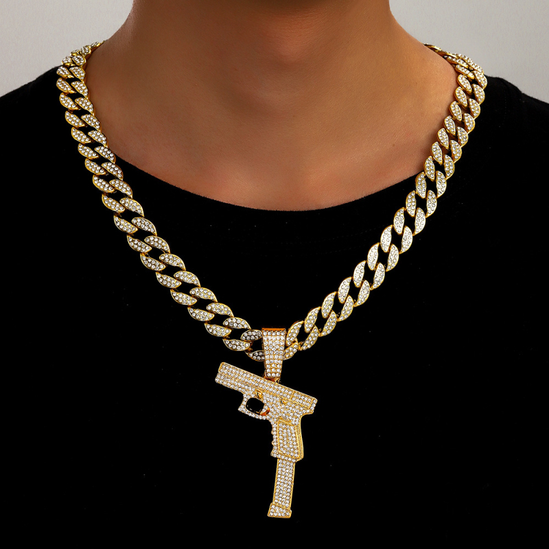 Unisex kubanski lanac od cinkovog legura s dijamantno ukrašenim privjeskom pištoljem, hip-hop stil, duljina 41–50 cm