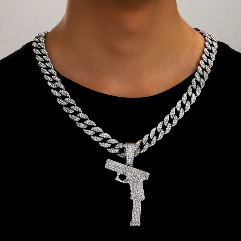 Unisex kubanski lanac od cinkovog legura s dijamantno ukrašenim privjeskom pištoljem, hip-hop stil, duljina 41–50 cm