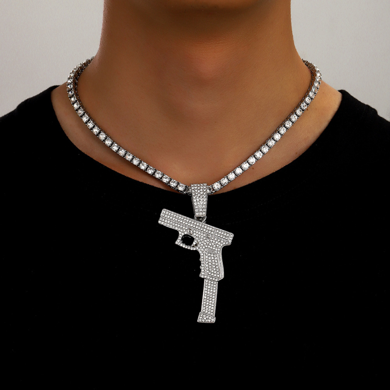 Unisex kubanski lanac od cinkovog legura s dijamantno ukrašenim privjeskom pištoljem, hip-hop stil, duljina 41–50 cm