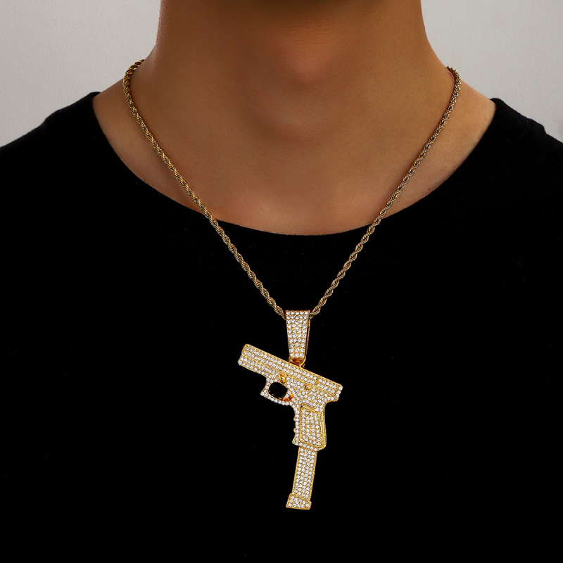 Unisex kubanski lanac od cinkovog legura s dijamantno ukrašenim privjeskom pištoljem, hip-hop stil, duljina 41–50 cm