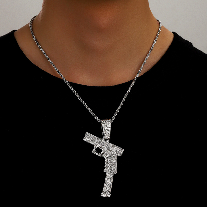 Unisex kubanski lanac od cinkovog legura s dijamantno ukrašenim privjeskom pištoljem, hip-hop stil, duljina 41–50 cm