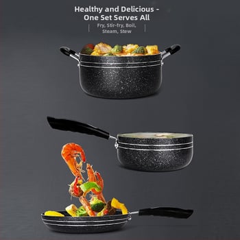 C&E Creative Kitchenware sada kuchynských riadu 7/9/14 dielov – hrnce na polievku, panvice s nepriľnavým povrchom, hliníkové hrnce a hrniec na mlieko