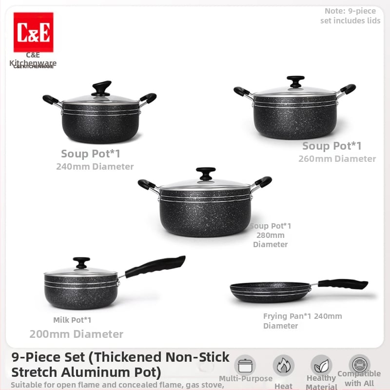 C&E Creative Kitchenware sada kuchynských riadu 7/9/14 dielov – hrnce na polievku, panvice s nepriľnavým povrchom, hliníkové hrnce a hrniec na mlieko