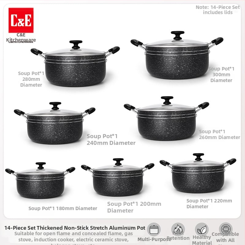 C&E Creative Kitchenware sada kuchynských riadu 7/9/14 dielov – hrnce na polievku, panvice s nepriľnavým povrchom, hliníkové hrnce a hrniec na mlieko