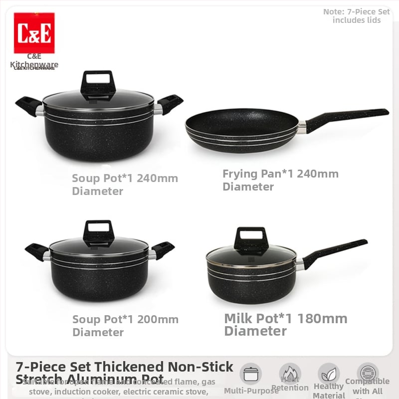 C&E Creative Kitchenware sada kuchynských riadu 7/9/14 dielov – hrnce na polievku, panvice s nepriľnavým povrchom, hliníkové hrnce a hrniec na mlieko