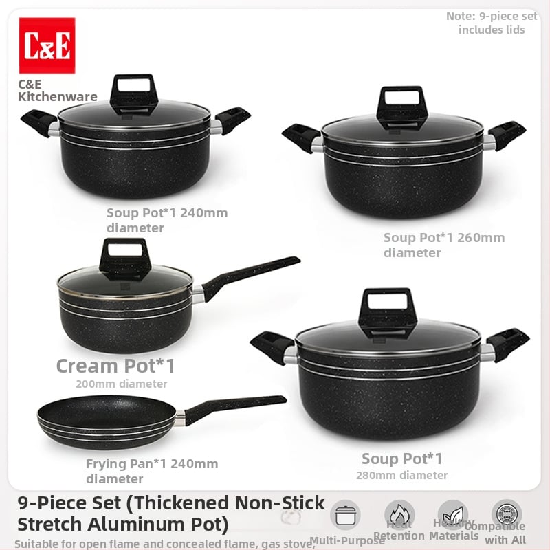C&E Creative Kitchenware sada kuchynských riadu 7/9/14 dielov – hrnce na polievku, panvice s nepriľnavým povrchom, hliníkové hrnce a hrniec na mlieko