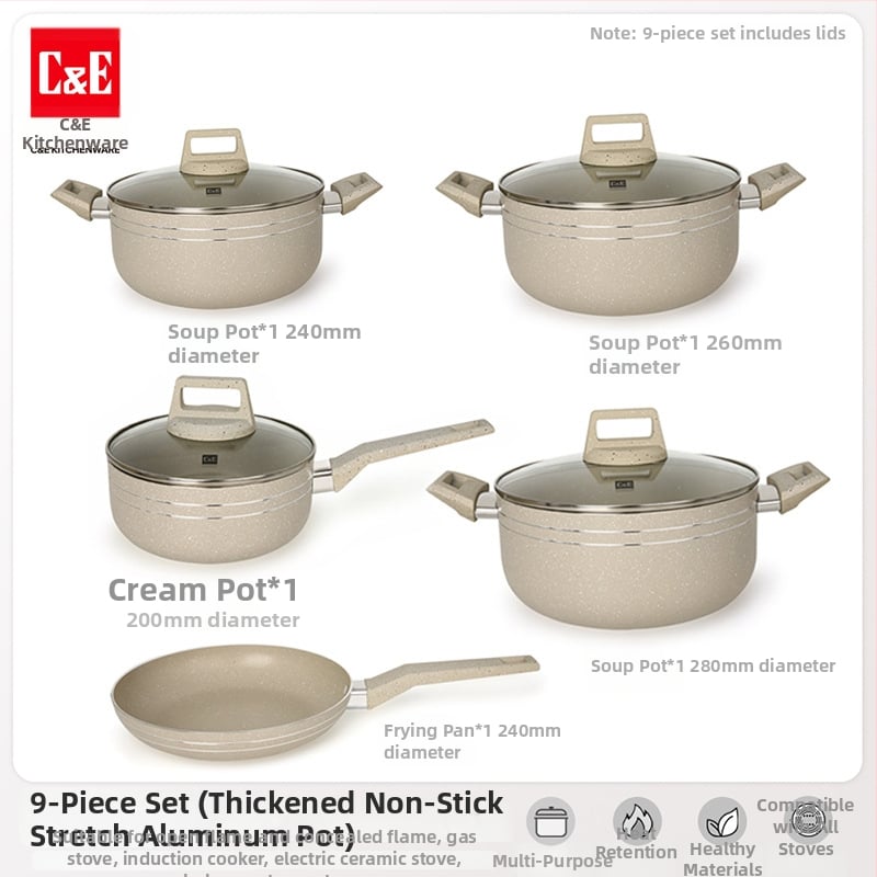 C&E Creative Kitchenware sada kuchynských riadu 7/9/14 dielov – hrnce na polievku, panvice s nepriľnavým povrchom, hliníkové hrnce a hrniec na mlieko