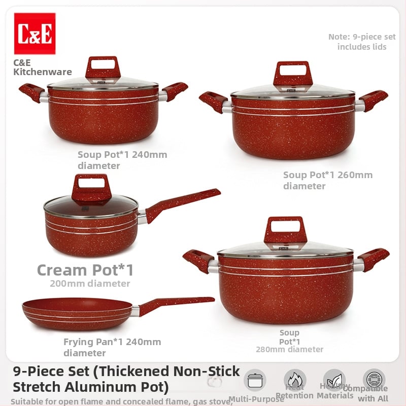 C&E Creative Kitchenware sada kuchynských riadu 7/9/14 dielov – hrnce na polievku, panvice s nepriľnavým povrchom, hliníkové hrnce a hrniec na mlieko