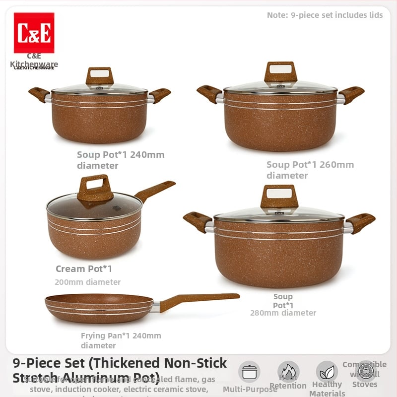 C&E Creative Kitchenware sada kuchynských riadu 7/9/14 dielov – hrnce na polievku, panvice s nepriľnavým povrchom, hliníkové hrnce a hrniec na mlieko