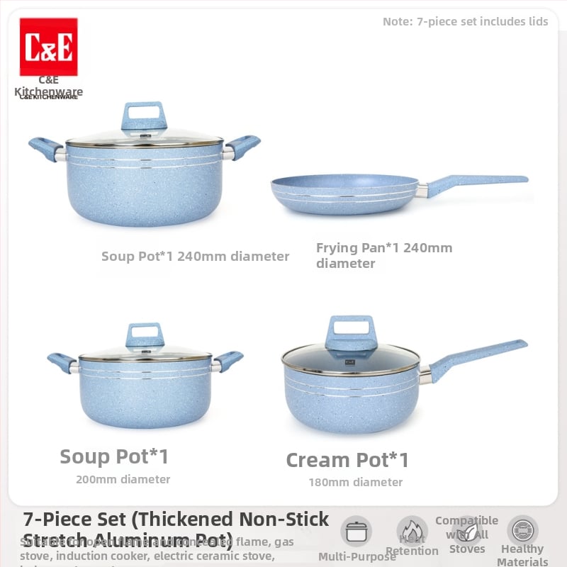 C&E Creative Kitchenware sada kuchynských riadu 7/9/14 dielov – hrnce na polievku, panvice s nepriľnavým povrchom, hliníkové hrnce a hrniec na mlieko
