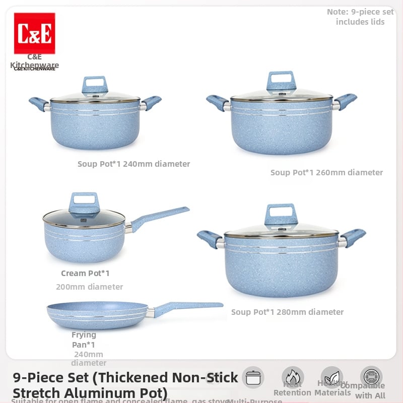 C&E Creative Kitchenware sada kuchynských riadu 7/9/14 dielov – hrnce na polievku, panvice s nepriľnavým povrchom, hliníkové hrnce a hrniec na mlieko