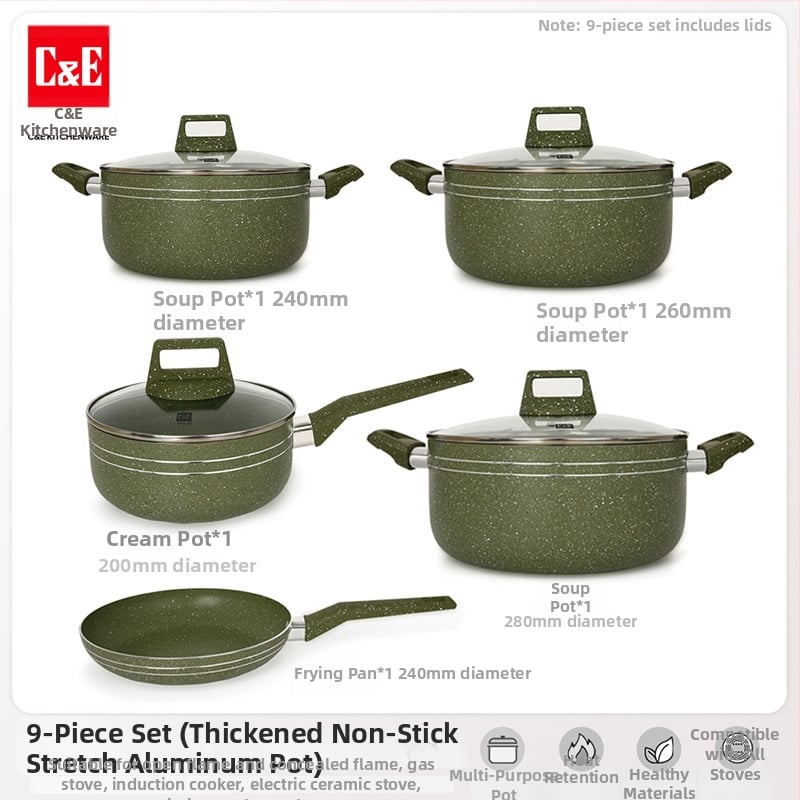 C&E Creative Kitchenware sada kuchynských riadu 7/9/14 dielov – hrnce na polievku, panvice s nepriľnavým povrchom, hliníkové hrnce a hrniec na mlieko
