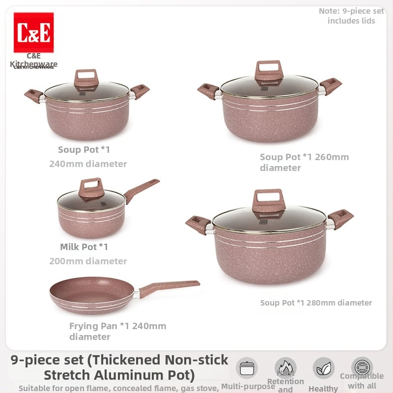 C&E Creative Kitchenware sada kuchynských riadu 7/9/14 dielov – hrnce na polievku, panvice s nepriľnavým povrchom, hliníkové hrnce a hrniec na mlieko