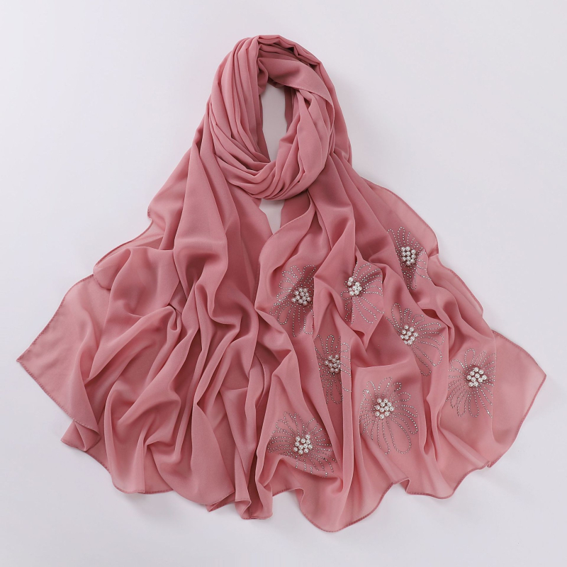 Virágos strasszos és gyöngyös chiffon hijab sál