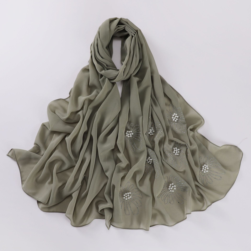 Virágos strasszos és gyöngyös chiffon hijab sál