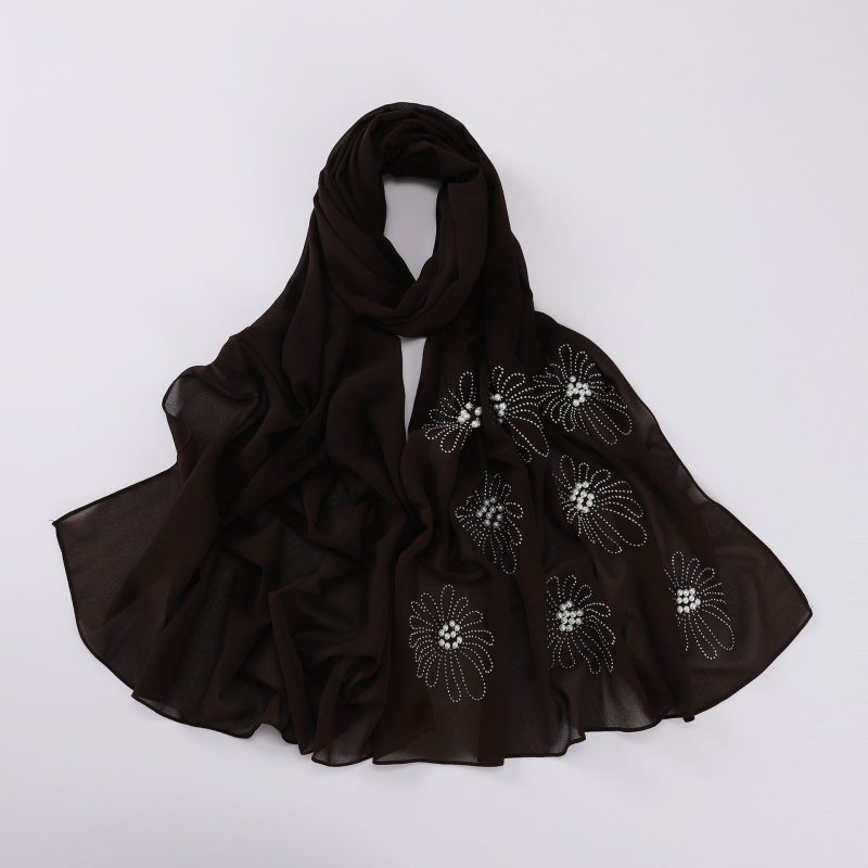 Virágos strasszos és gyöngyös chiffon hijab sál