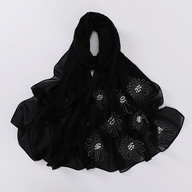 Virágos strasszos és gyöngyös chiffon hijab sál