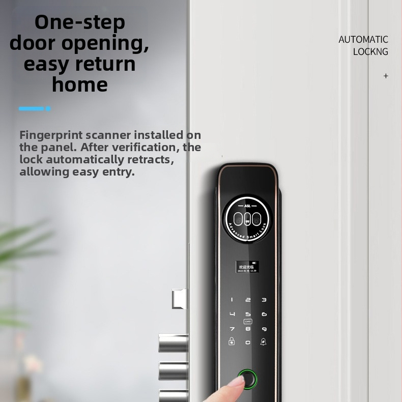 Intelligens zár bejárati ajtóhoz ujjlenyomat- és PIN-kódos, Bluetooth, látóablakkal belső fa ajtókhoz