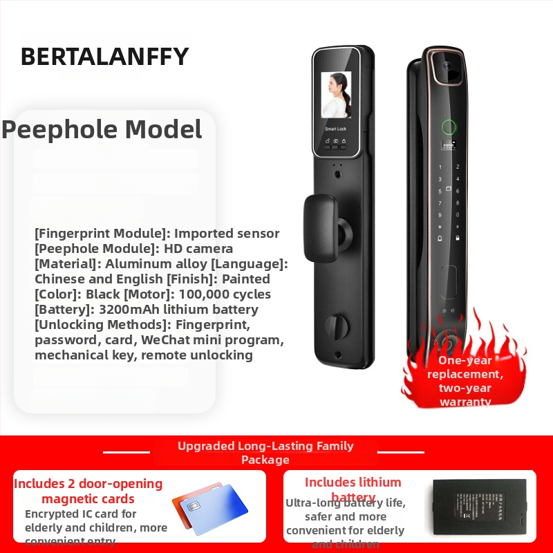 Intelligens zár bejárati ajtóhoz ujjlenyomat- és PIN-kódos, Bluetooth, látóablakkal belső fa ajtókhoz