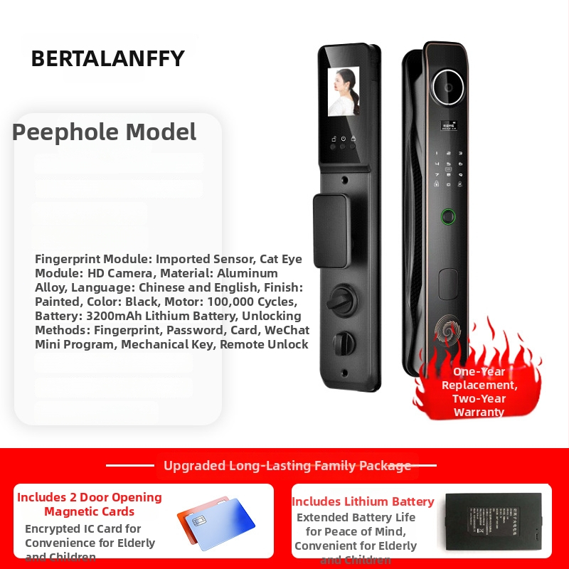 Intelligens zár bejárati ajtóhoz ujjlenyomat- és PIN-kódos, Bluetooth, látóablakkal belső fa ajtókhoz