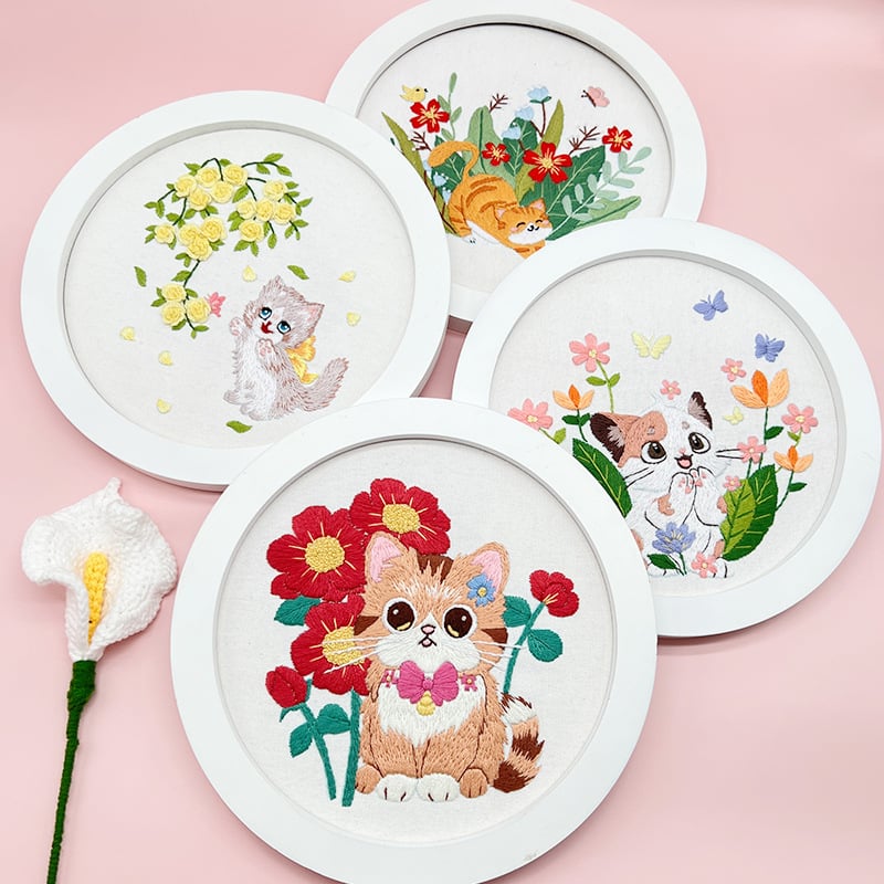 Vyšívací set s mačkou a kvietmi pre začiatočníkov, DIY materiály na stenu