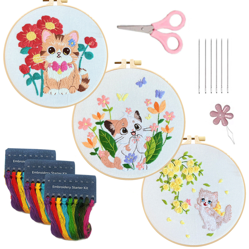 Vyšívací set s mačkou a kvietmi pre začiatočníkov, DIY materiály na stenu