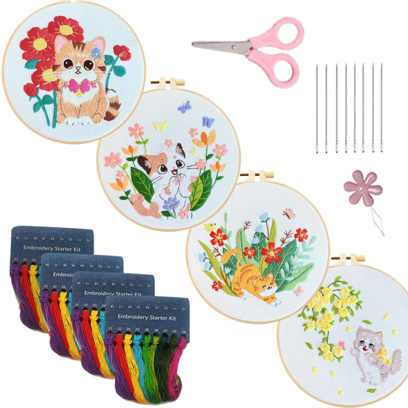 Vyšívací set s mačkou a kvietmi pre začiatočníkov, DIY materiály na stenu