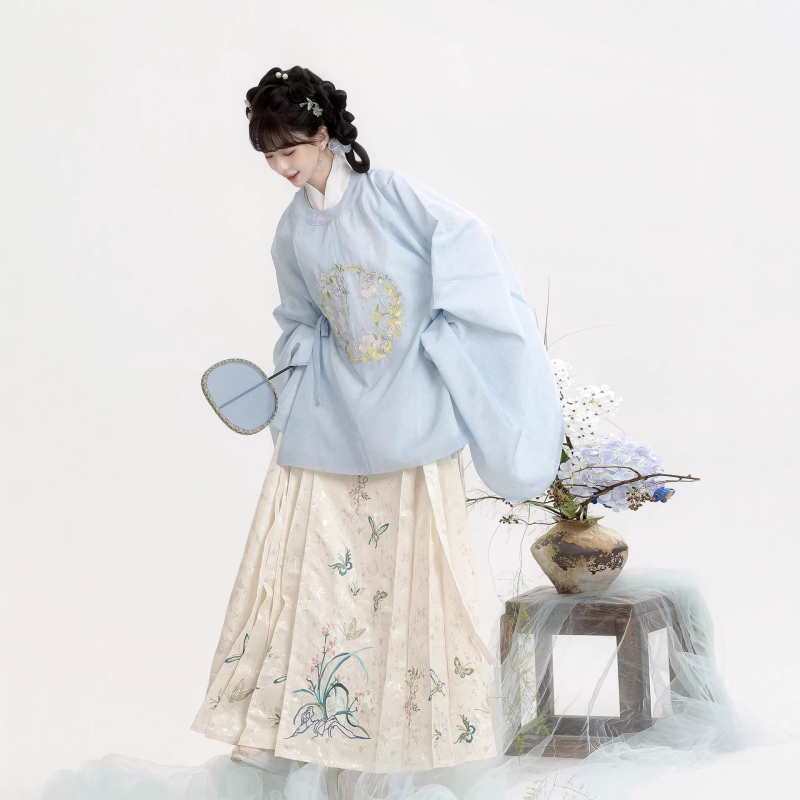 Moonlight Flower Sleep Hanfu za žene u Ming stilu, izšivana bluza s okruglim izrezom i velikim ovratnikom, Mamian suknja, jesen-zima izdanje