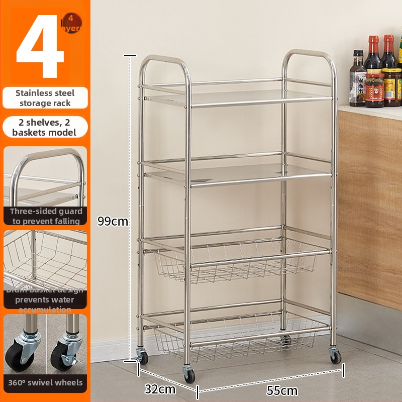 Nerezový kuchynský stojan so zásobníkom ovocia a zeleniny, viacposchodový, pohyblivý, stojaci na podlahe