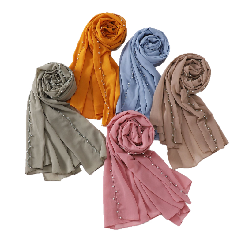 Gyöngyös chiffon sál hullámos szélekkel, kézzel készített etnikai fejkendő, Malay stílus, méret 175×70 cm