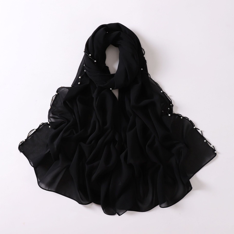 Gyöngyös chiffon sál hullámos szélekkel, kézzel készített etnikai fejkendő, Malay stílus, méret 175×70 cm
