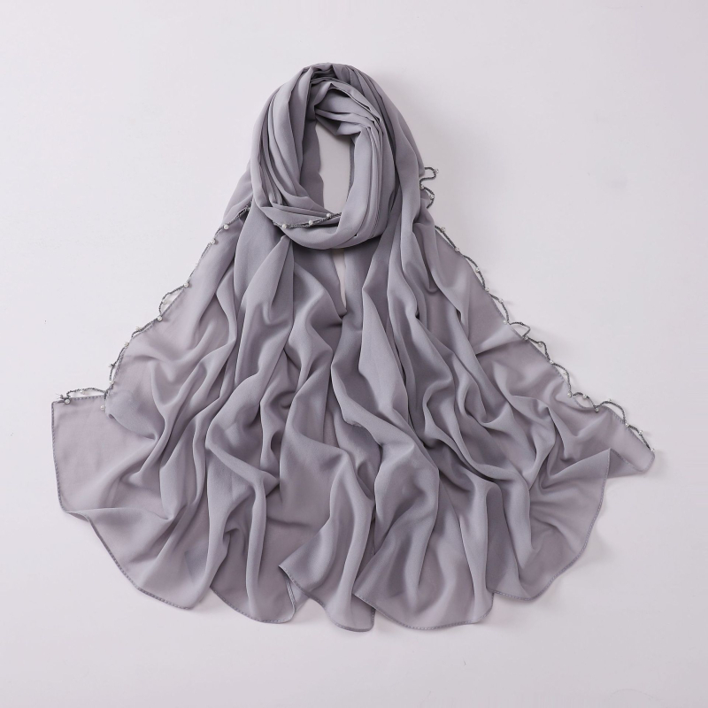 Gyöngyös chiffon sál hullámos szélekkel, kézzel készített etnikai fejkendő, Malay stílus, méret 175×70 cm